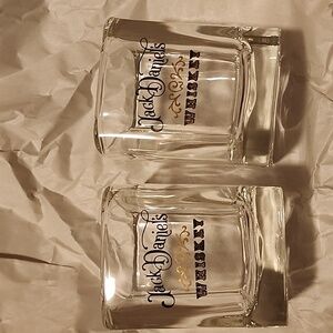 2 Jack Daniels Whiskey Square Lowball Rocks Glass VGC Nice Gold Lettering